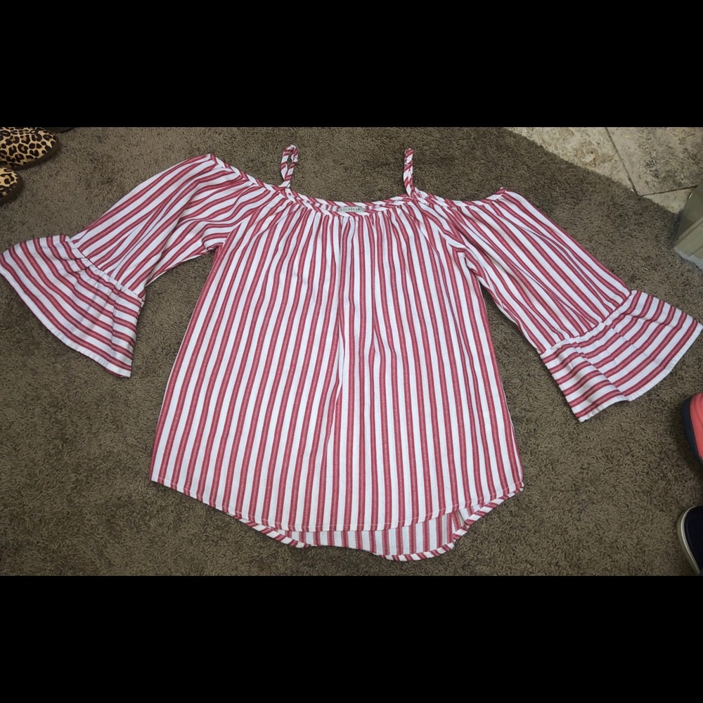 Red stripe cold shoulder blouse